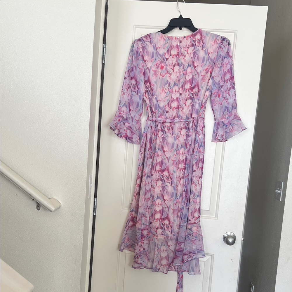 Adrianna Papell Floral Chiffon Wrap Midi Dress | Pink Purple Wedding Guest - Picture 6 of 7